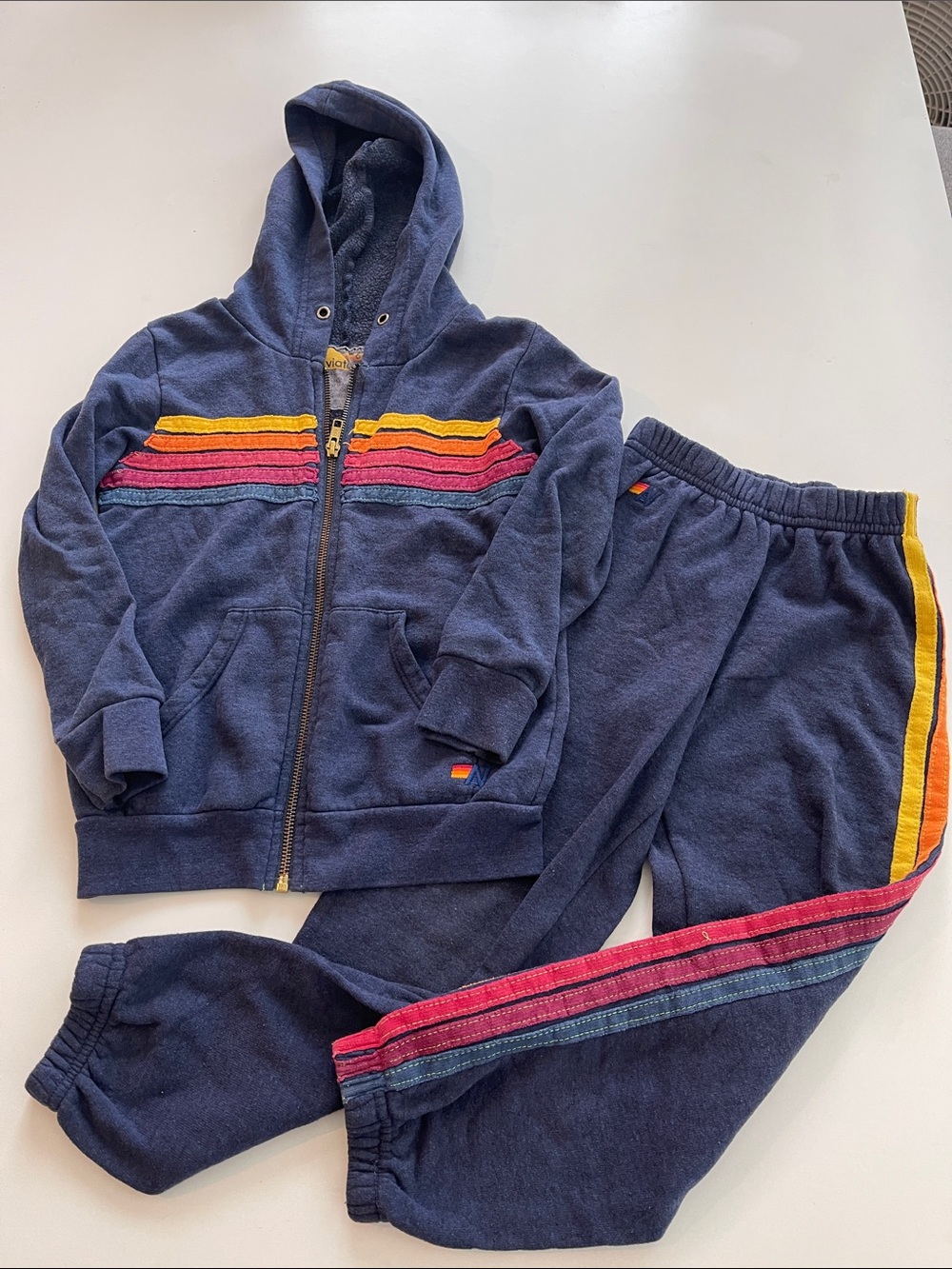 Aviator Nation Navy Sweatshirt & Joggers with Rainbow Stripes Sweatshuit